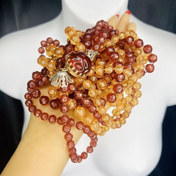 Vintage Chunky Amber Yellow Lucite Multi Strand Beaded Necklace Dome Box Clasp - Picture 10 of 16